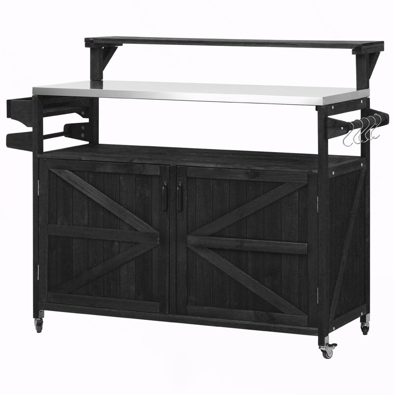 53.3" Outdoor Kitchen Island With Raised Shelf, Rolling Grill Cart, Solid Wood Cabinet, Stainless Steel Top, Storage & Spice Rack, Black