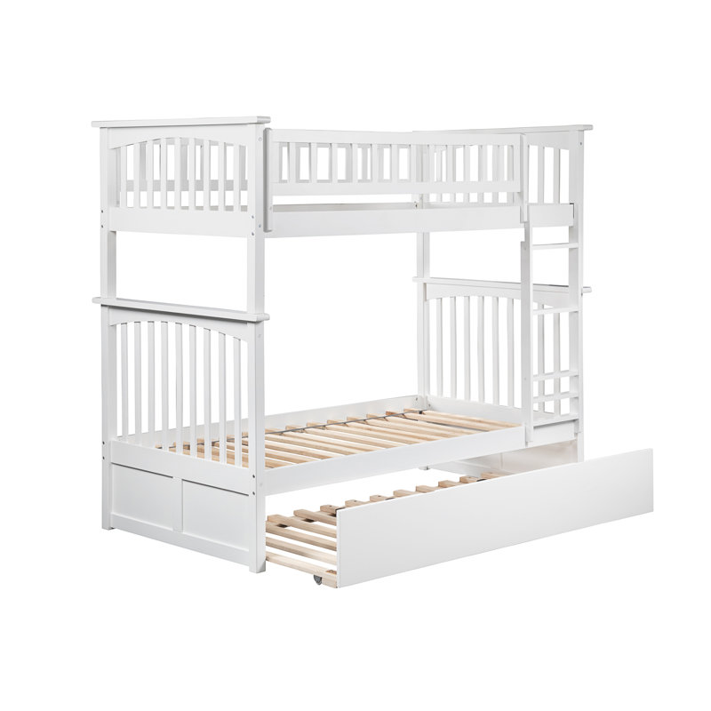 Blaisdell Solid Wood Standard Ladder Bunk Bed with Roll Out Trundle, White, Twin over Twin