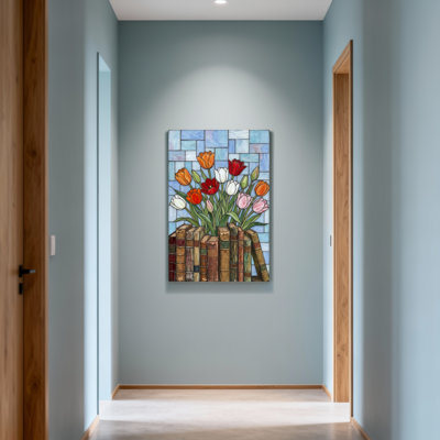 Plantes et fleurs, tulipes dans des livres, vitrail