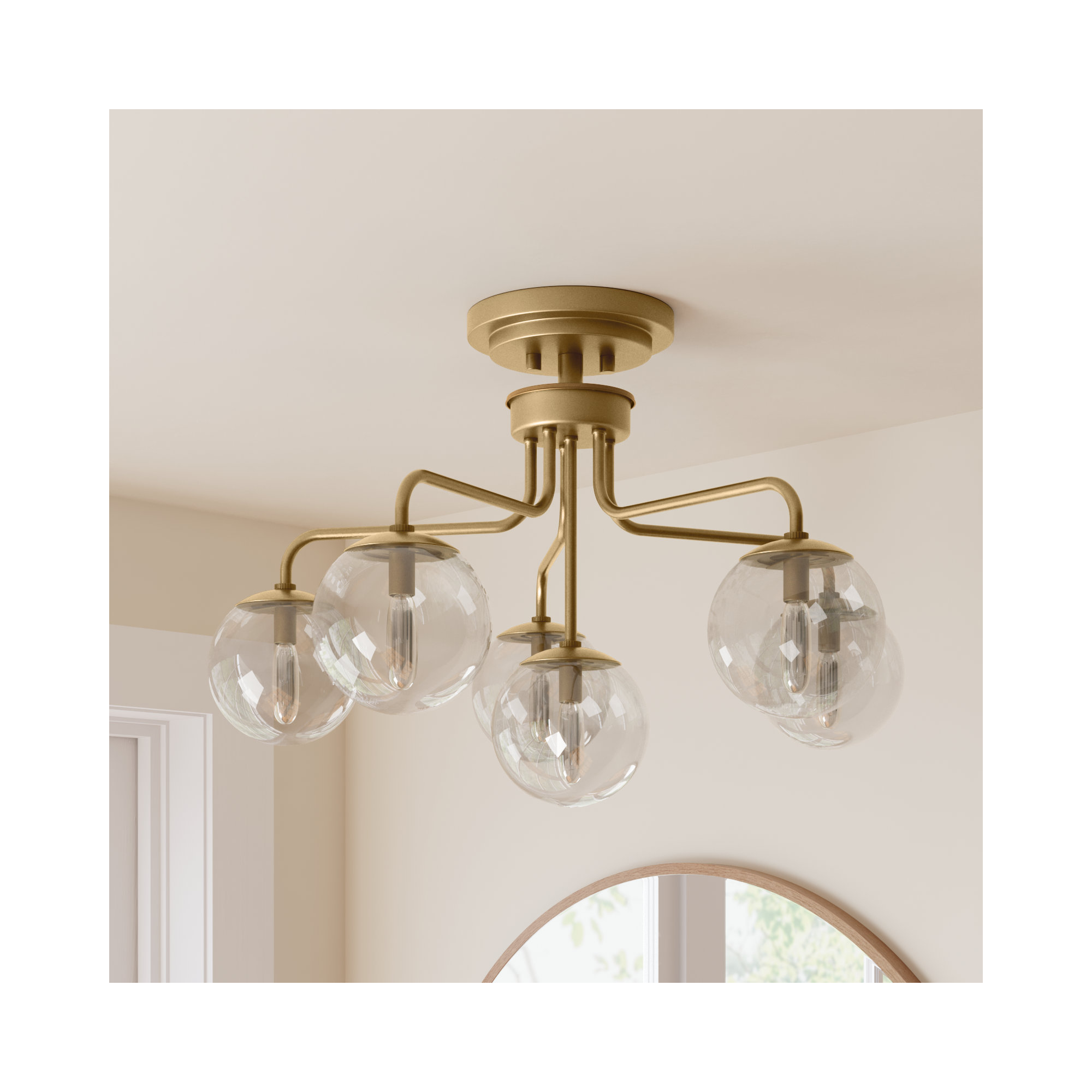 Chemise 6 Light Glass Semi Flush Mount, Clear, Brass