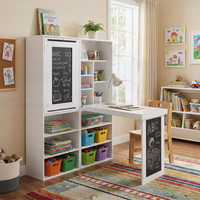 Bureau pliant avec rangement, table d'écriture convertible avec tableau noir et tablettes pour petits espaces, bureau personnel et salles de bricolage