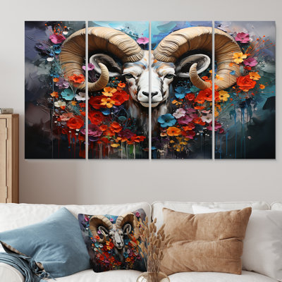 Ensemble de 4 impressions murales colorées à motif de chèvre floral gris I