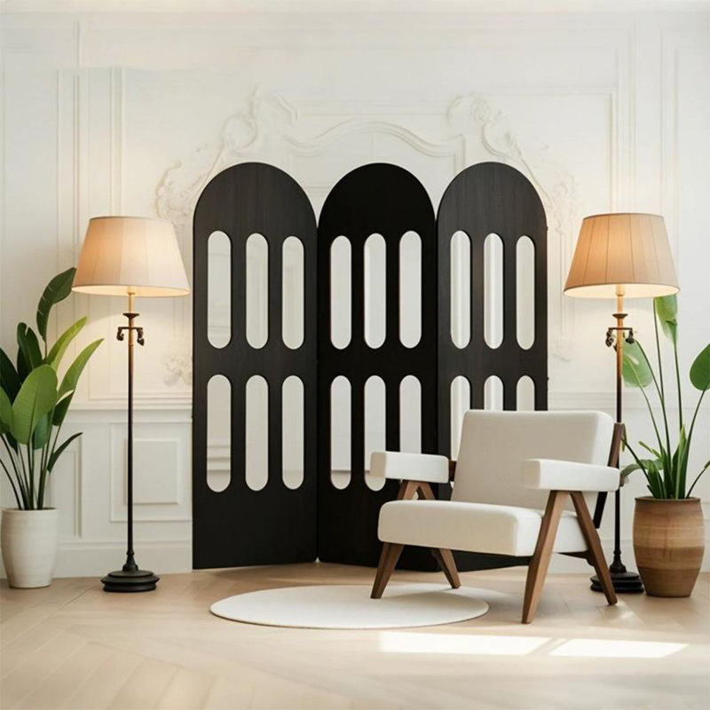 Paravent 3 panneaux en bois massif noir, H 1,97 po x l 59,06 po x P 78,74 po