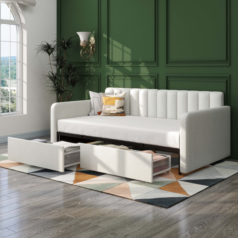 Saville Ashok Upholstered Daybed with 2 Drawers, Twin, Ivory