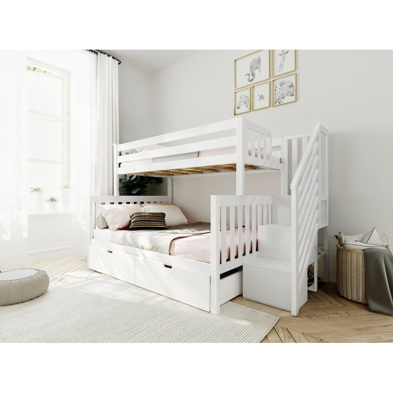 Aileana Solid Wood Bunk Bed with Storage Drawers, Twin Over Full, White