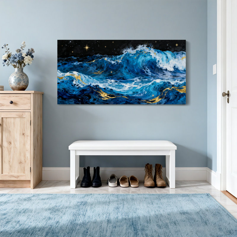 Vagues océaniques et nautiques avec accents dorés et étoiles, H 28 po x l 58 po