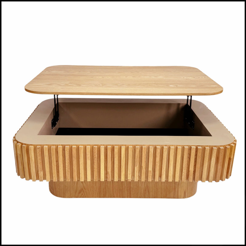Table basse à plateau relevable cannelé de 38,6 po avec rangement et placage en bois massif à hauteur réglable pour les espaces de vie modernes