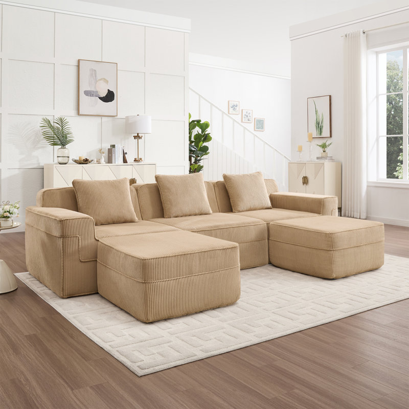Canapé modulaire modulaire à 3 places en forme de U sans os, canapé modulaire Cloud avec assise profonde, canapé modulaire moderne à 3 places avec coussins décoratifs et 2 repose-pieds amovibles, chameau en tissu velours côtelé