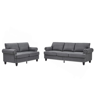 Modern Classic Design with Nails Living Room 2+3 seater Sofa Fabric Couch,Upholstered Polyester Grey.