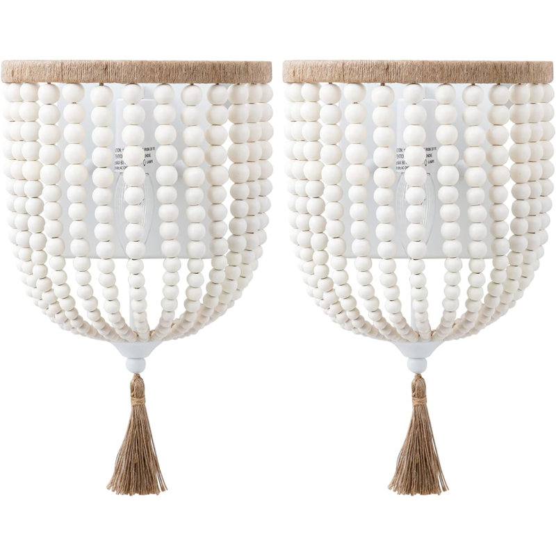 Rustic Boho Wall Sconce Set - Wooden Beaded With Rope Knot Design For Bedroom, Hallway, Bathroom