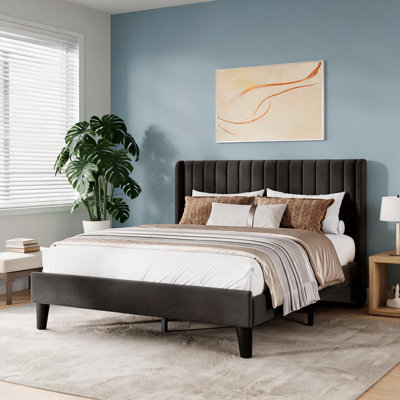Modern Soft Platform Bed, Vertical Channel Tufted Wingback Headboard