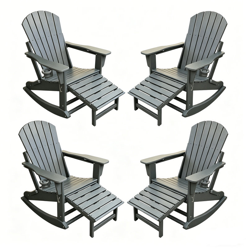 4-in-1 Folding Adirondack Chair with Ottoman & Rocking Base, All-Weather HDPE Patio Chair with Cup Holder, 380 lbs Capacity, 4 PCS