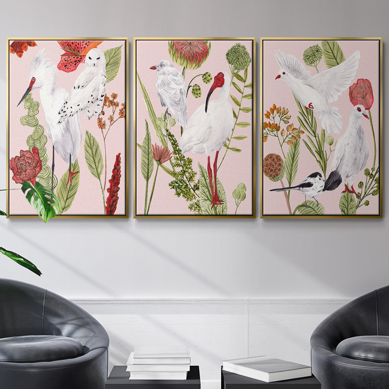 Birds in Motion III - Ensemble de 3 cadres flottants sur toile, Or, H 27 po x l 54 po
