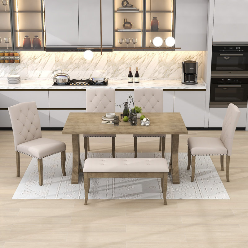 Ensemble repas pour 6 personnes Govany, Bois naturel délavé, Bois naturel délavé, Bois naturel patiné / beige