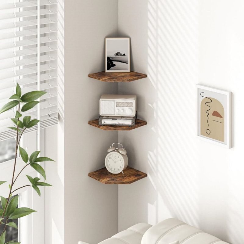 Tablettes d'angle flottantes en bois rustique, Brun