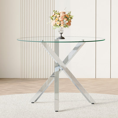 Table de salle à manger ronde en verre convenant à 2 à 4 personnes: Diamètre 39 po, hauteur 30 po, structure en métal en forme de X, très appropriée pour les restaurants, les cuisines et les petits espaces, élégante et pratique.