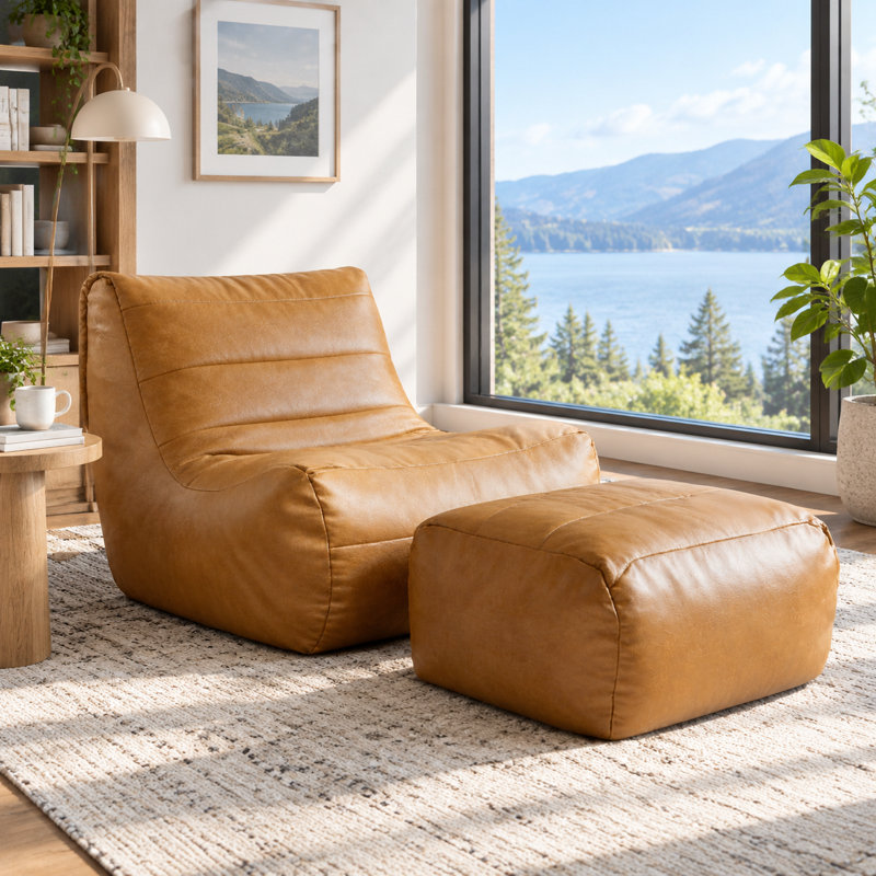 Retro Faux‑Leather Lazy Floor Chair with Ottoman Footrest Set,Vacuum‑Compressed Floor Sofa