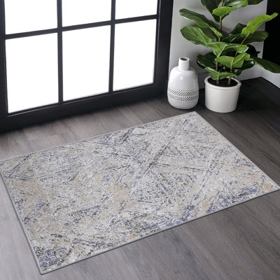 Tapis bleu / gris à motif géométrique sans perte de teinture - Teinture, convient au salon et à la cuisine par Loom & Collection