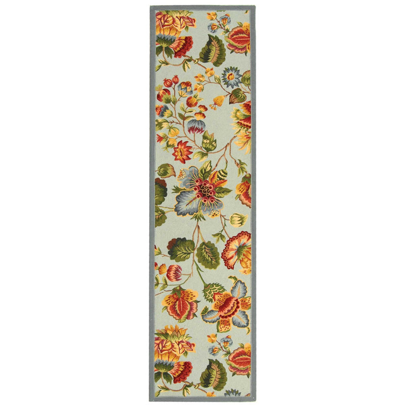 Tapis bleu clair en laine crocheté à la main Hollander, Tapis de couloir 2 pi 6 po x 8 pi