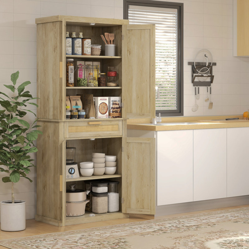 Oak and Rattan 72" Tall Kitchen Pantry Storage Cabinet