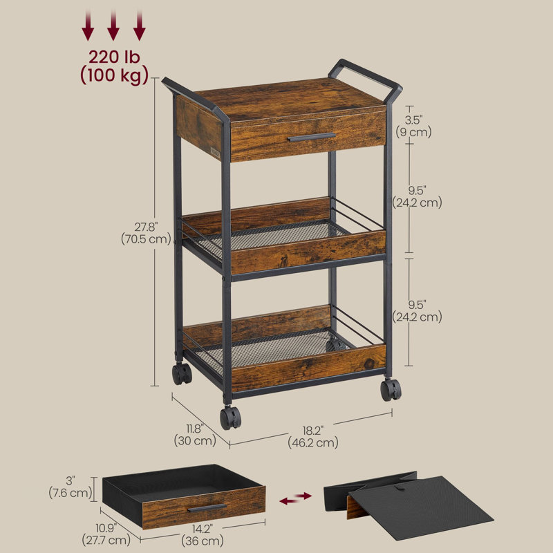 3-Tier Rolling Utility Cart with Table Top, Black/Rustic Brown