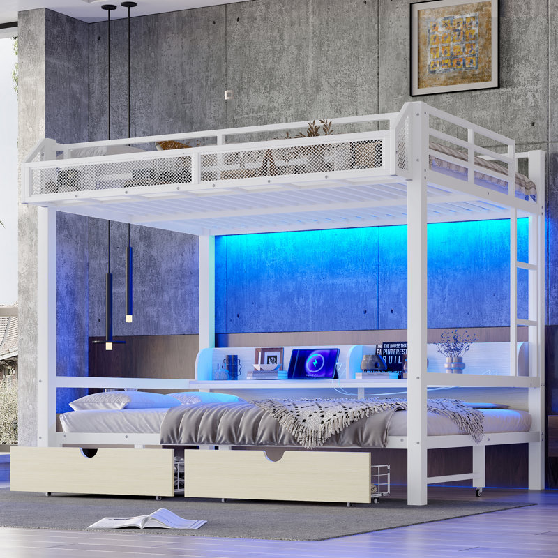 Queen over Queen Bunk Bed with Storage Shelves and Drawers, USB Ports & LED Lights, Convertible Lower Bed to Sofa, Metal Frame, White