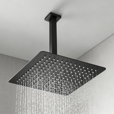 Pomme de douche carrée 12 "avec bras mural 10" - Acier inoxydable haut débit, buses faciles à nettoyer pour la salle de bain,
Noir mat