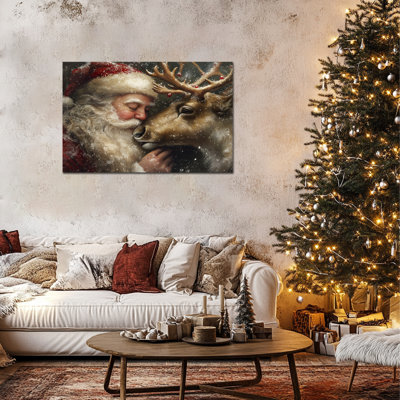 Santa & Reindeer Canvas Wall Art - Christmas Pictures Wall Decor, Vintage Christmas Prints, Winter Canvas Wall Art for Living Room, Holiday Wall Art, Framed Painting, 24×32 inches