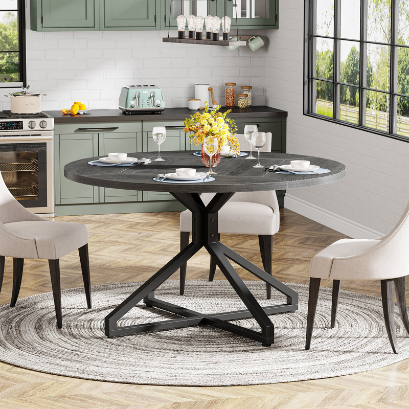 47-Inch Gray Wood Round Dining Table with Metal Pedestal Base
