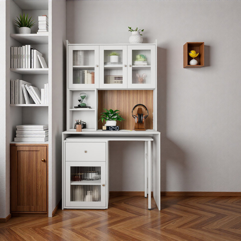 Bureau d'ordinateur avec porte en verre pour bureau à domicile ou bureau d'étude, bibliothèque et huche, bureau d'ordinateur avec bureau rotatif à 90 degrés, grand espace de travail