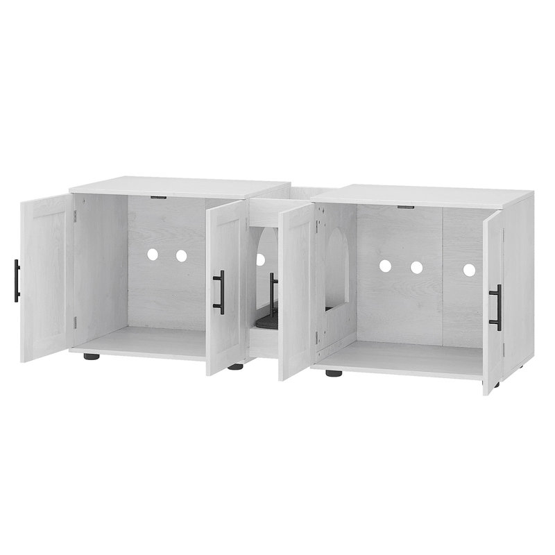 Enceinte de litière pour chat 55 po en bois pour 2 chats, armoire cachée à double compartiment avec tablette à gratter et rangement, mobilier pour chat blanc