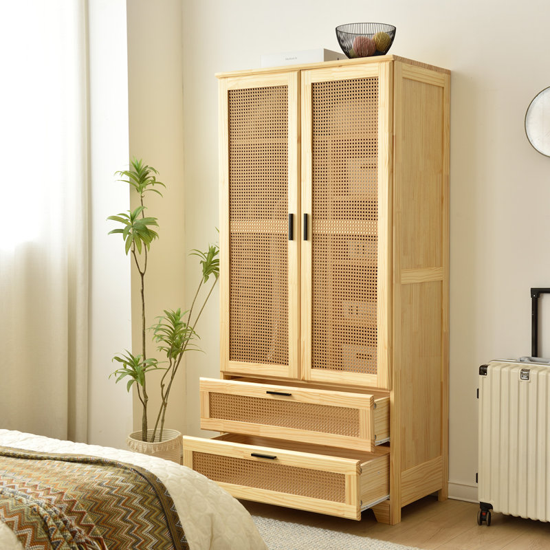 Solid Pine Wood Rattan Cabinet with 2 Drawers, Natural