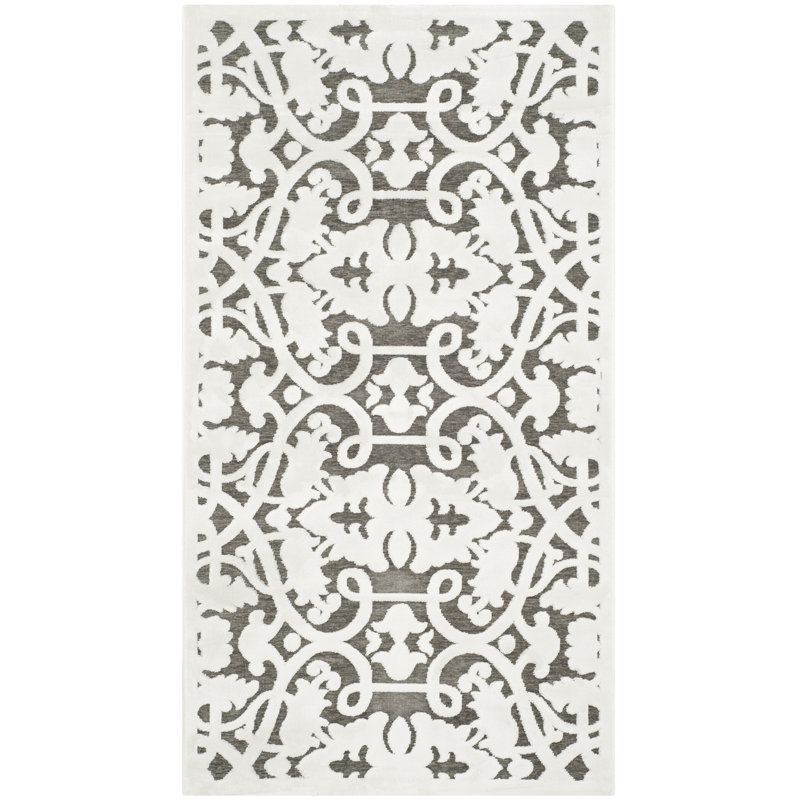 Ivory and Dark Grey 8' x 10' Damask Wool Viscose Rug