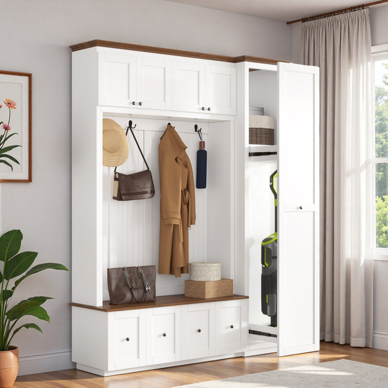 5-in-1 Hall Tree With Bench, Coat Rack, Drawers, Cabinets And Extra-large Side Storage Space, White