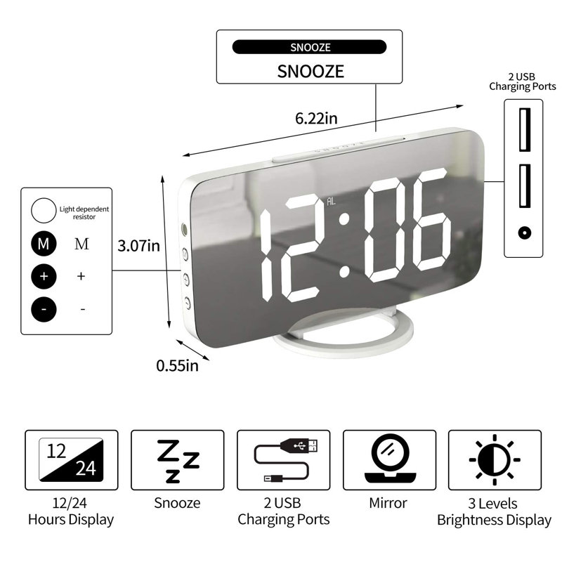 Digital Alarm Clock, Large LED Display, USB Charger, White