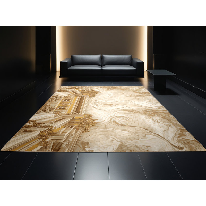 Machine Washable Pandelica Vienna Schonbrunn Palace Posh & Luxe Marble Rug in Beige – Beige Binding, 8x12