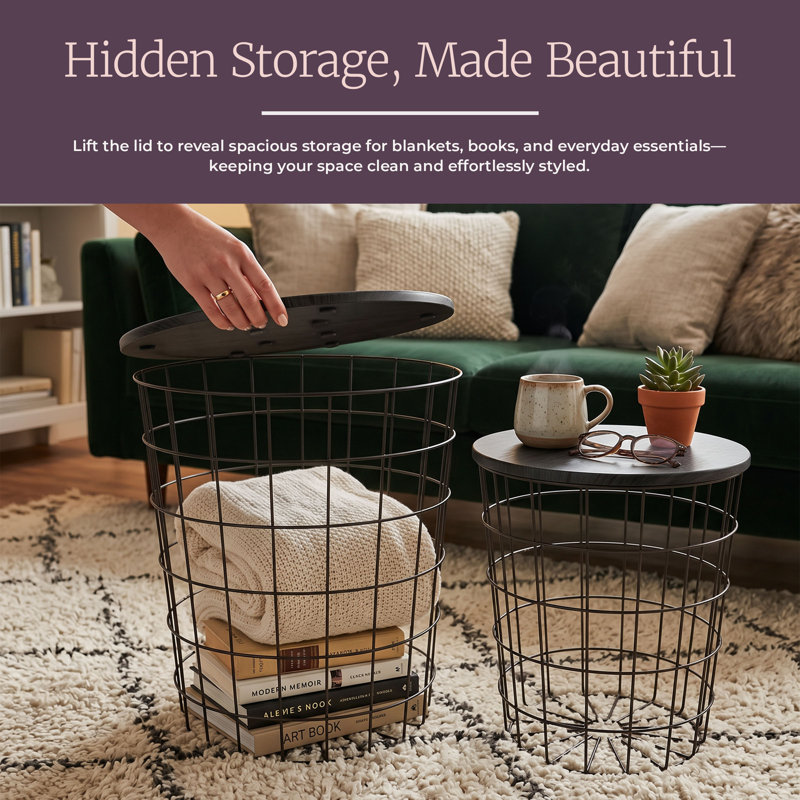 Lavish Home Nesting End Tables Set of 2 with Storage Baskets, Black, Black