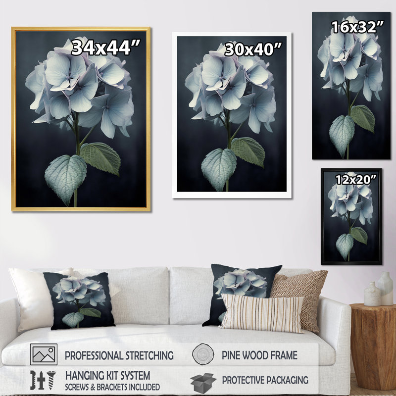 Hydrangées noires et blanches sur une reproduction sur toile, Cadre photo blanc, H 32 po x l 24 po x P 1 po