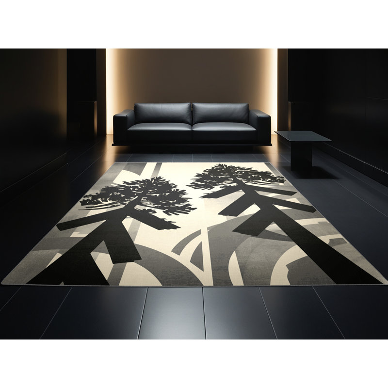 Tapis art déco ovale lavable à la machine en brun - reliure grise, 2 x 5