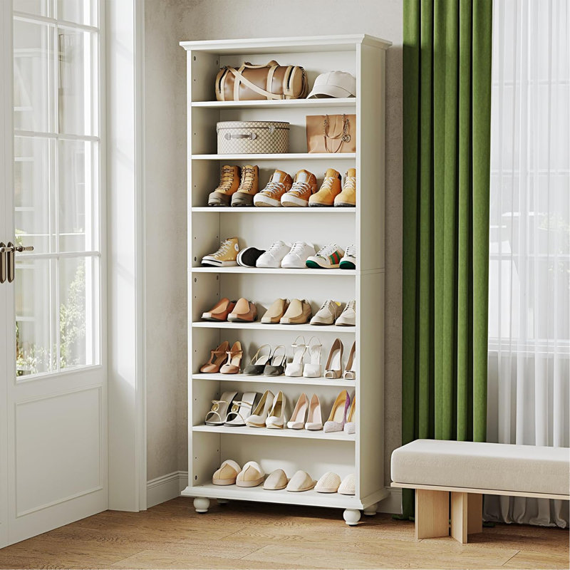 28.35" White 8-Tier Shoe Storage Cabinet With LED Light Strip, Wooden Shoe Rack For 26 Pairs, Tall 68.9" Open Organizer
