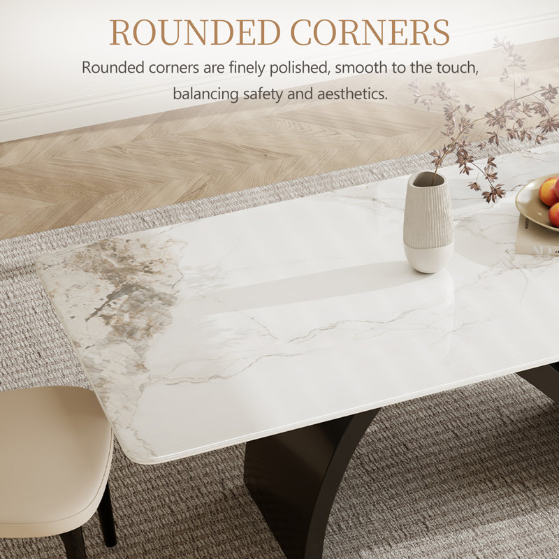 Modern Retangular Dining Table for 6-10, Glossy Sintered Stone Table top, N-Shaped Carbon Steel Legs, 29.5"H x 71"L x 35.4"W