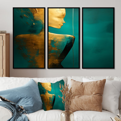 Turquoise Gold Woman Silhouette On Teal - Modern Woman Wall Art Living Room Set