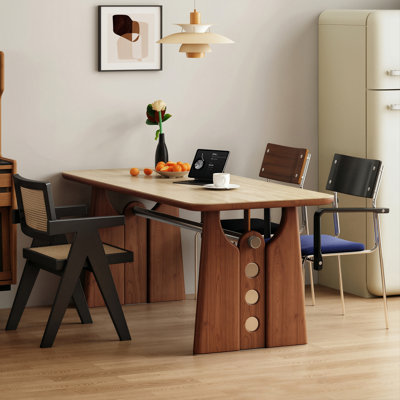Mid‑Century Modern Rectangular Dining Table, Beige Sintered Stone Tabletop, Solid Ash Wood Legs