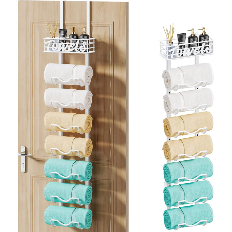 Porte-serviettes au-dessus de la porte avec panier de rangement, organisateur de salle de bain à 8 niveaux pour une installation murale ou au-dessus de la porte, résistant à la rouille et réglable
