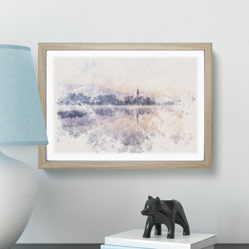 Wintertime At Lake Bled In Slovenia - Single Picture Frame Print on MDF, 62cm H x 87cm W x 2cm D, Oak