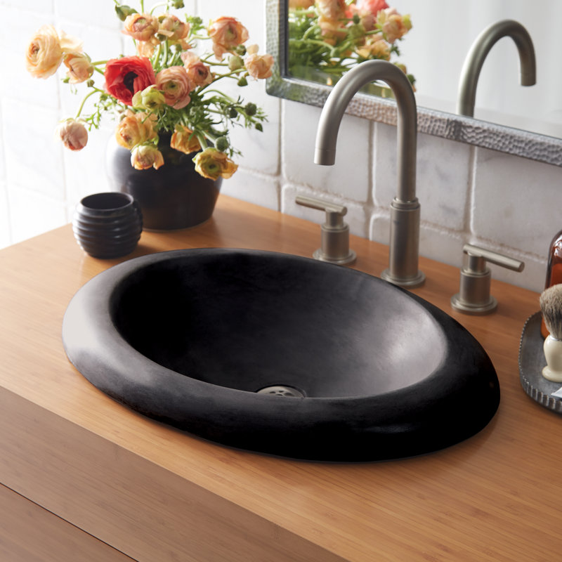 Cuyama Slate Stone Handmade Oval Drop-In Bathroom Sink, Sand