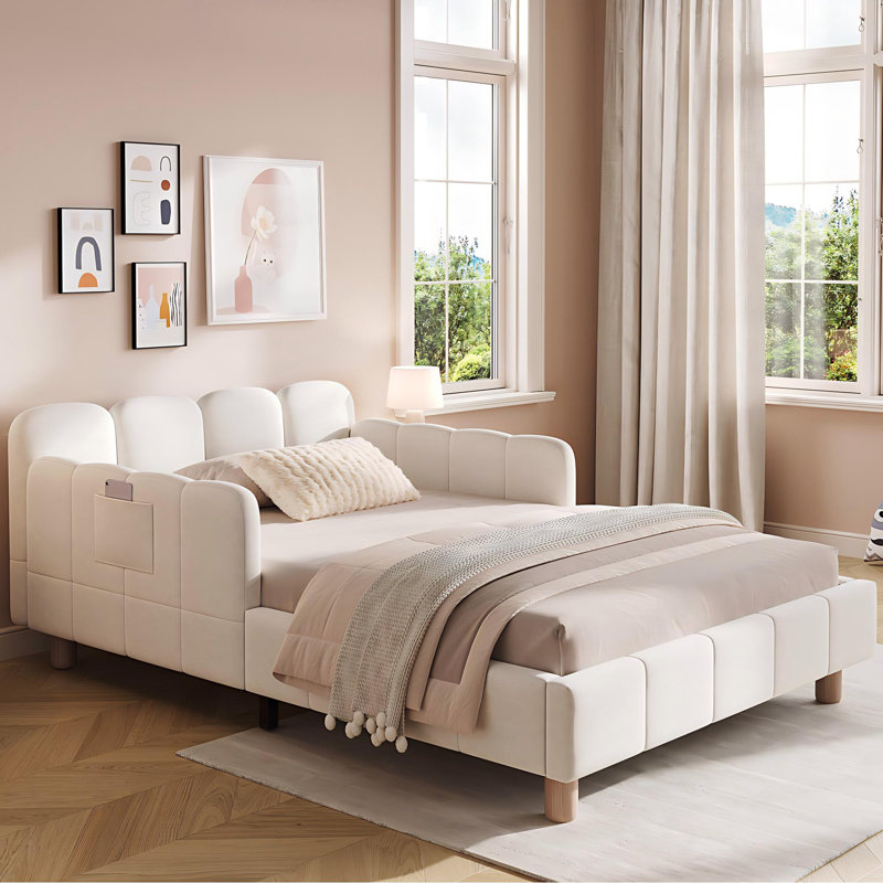 3ft Upholstered Bed With Adjustable Safety Rail Velvet, Beige