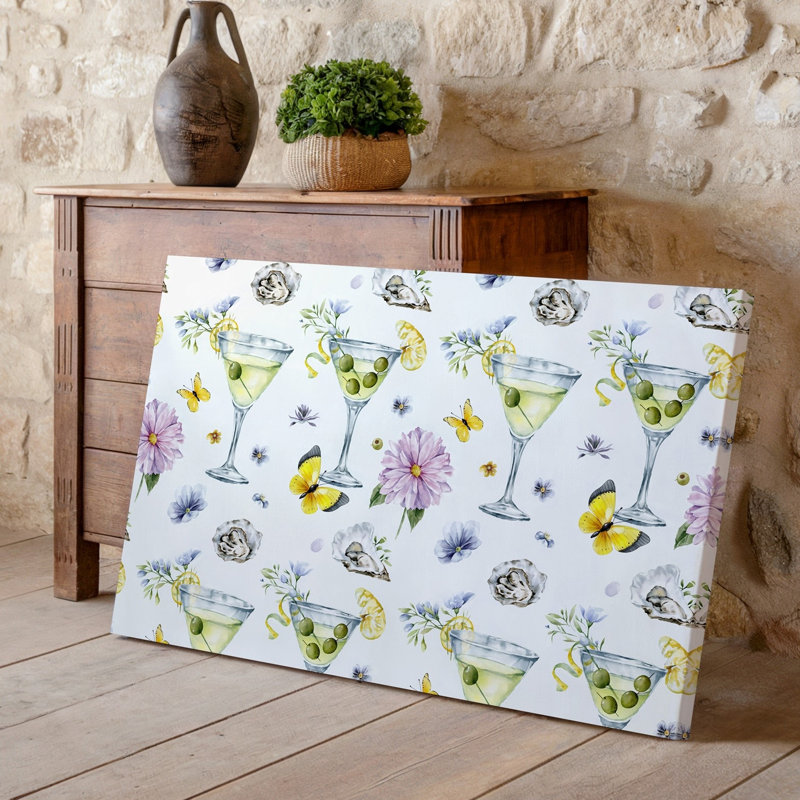 Toile d'un motif sans couture avec verres à martini élégants remplis d'un art mural jaune clair orné d'olives vertes et toile