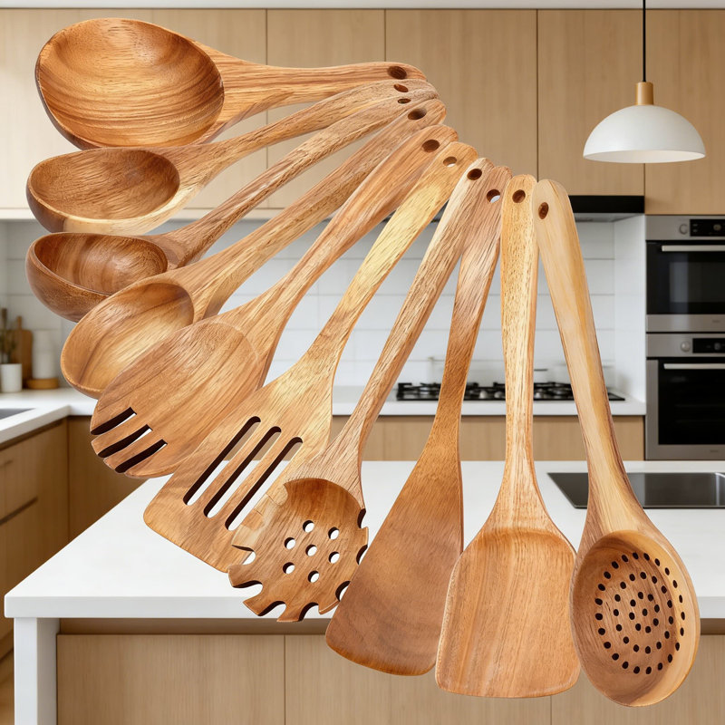 Cuillères en bois d'acacia pour la cuisson - Ensemble d'ustensiles de cuisine 10 pièces, antiadhésif, résistant à la chaleur avec poignées ergonomiques, finition lisse pour batterie de cuisine antiadhésive