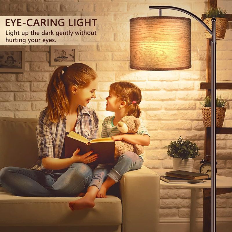 Floor Lamp For Living Room With 3 Color Temperatures LED Bulb, Standing Lamp Tall Industrial Floor Lamp For Bedroom, (9W LED Bulb, Wood Grain Pattern Lampshade Included) -Oil-Rubbed Bronze